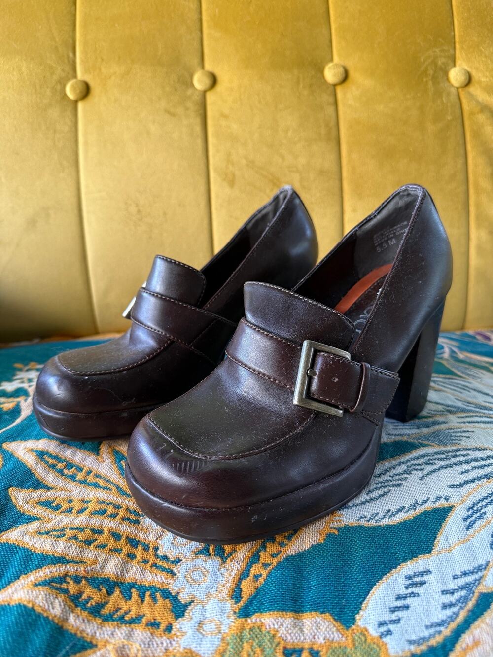 Vtg 90s Y2K Chunky Platform Loafers Dark Academia Grunge Buckle Heeled‎ Shoes
